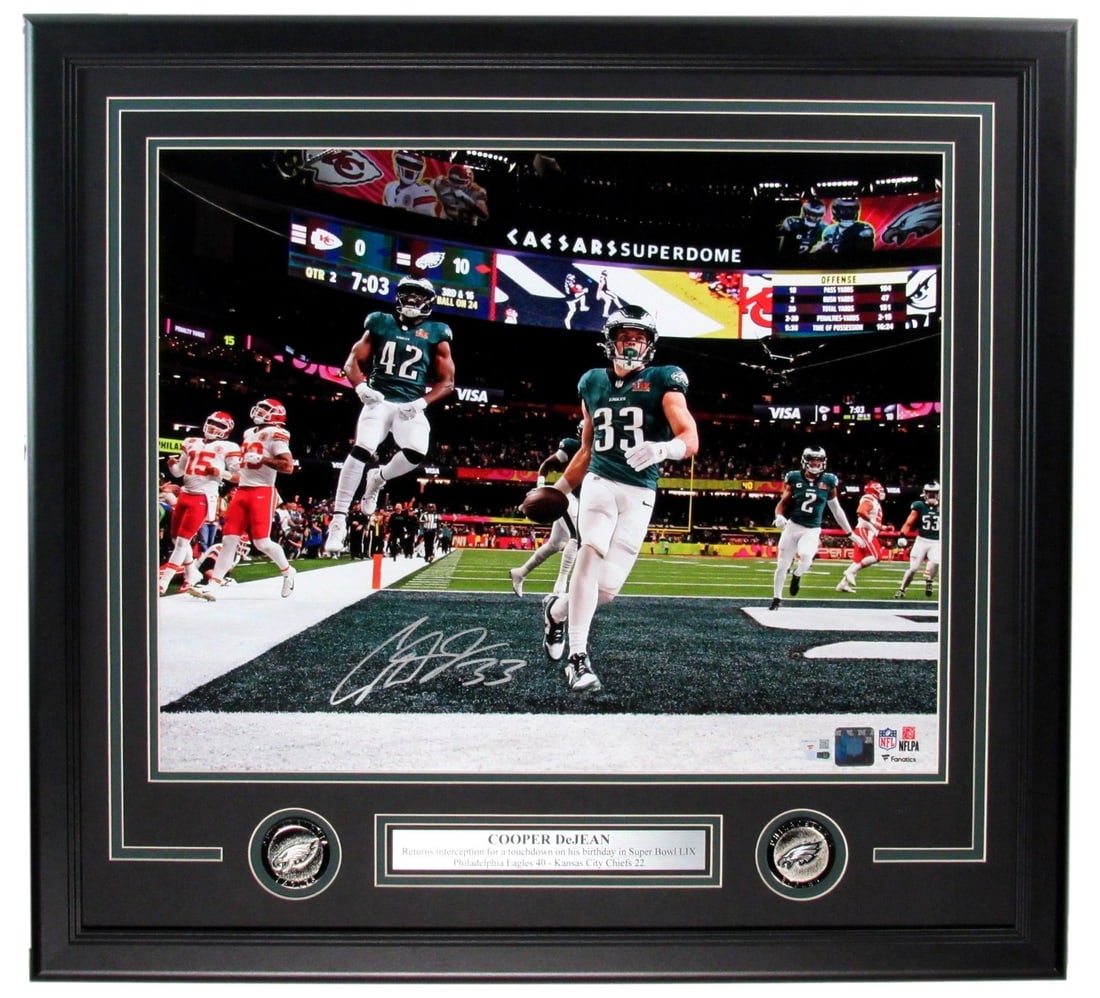 Framed 16x20 Cooper DeJean Eagles Signed Photo Fanatics Authentic: Framed 16x20 Cooper DeJean Eagles Signed Photo Fanatics Authentic Framed original 16x20 Philadelphia Eagles photo signed by Cooper DeJean. This pre-owned piece includes Fanatics Authentic autograph au