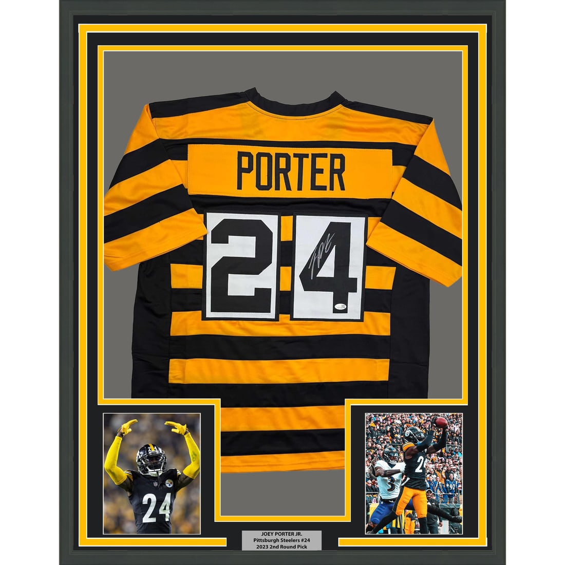 Joey Porter Jr Signed Steelers Jersey Framed 35x39 With JSA Authentication: Joey Porter Jr Signed Steelers Jersey Framed 35x39 With JSA Authentication This framed Joey Porter Jr. Pittsburgh Steelers jersey features an authentic autograph and has been professionally matted and