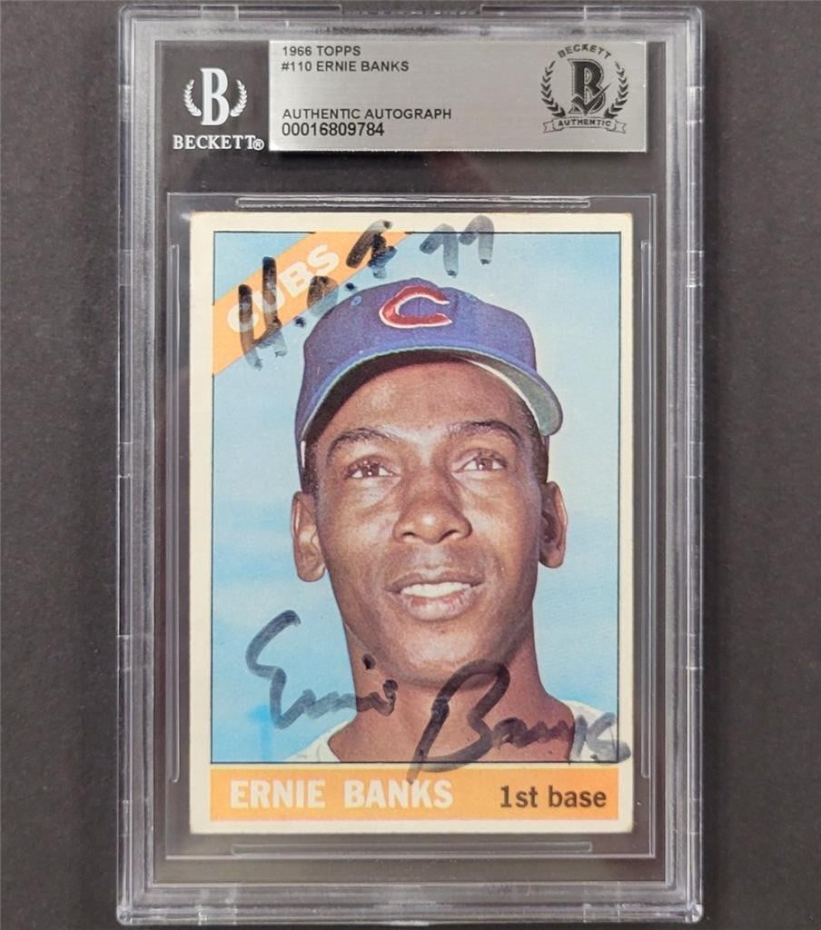 Ernie Banks Autographed 1966 Topps #110 HOF 99 BAS Certified: Ernie Banks Autographed 1966 Topps #110 HOF 99 BAS Certified This 1966 Topps #110 baseball card features a hard-signed autograph by the legendary Ernie Banks, inscribed with "HOF 99". The card is an o
