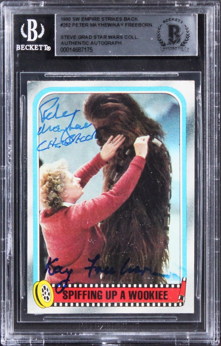 Star Wars ESB Card Signed by Mayhew Freeborn Beckett Authenticated: Star Wars ESB Card Signed by Mayhew Freeborn Beckett Authenticated This is an original 1980 Star Wars: The Empire Strikes Back #252 trading card, personally signed by Peter Mayhew and Kay Freeborn. Th