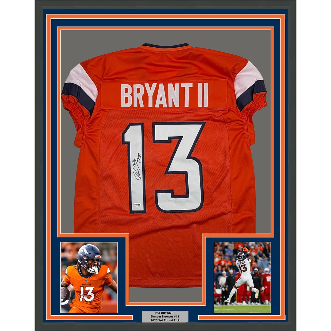 Pat Bryant II signed framed Denver Broncos orange cut jersey JSA 35x39: Pat Bryant II signed framed Denver Broncos orange cut jersey JSA 35x39 Professionally framed and matted Denver orange cut jersey signed by Pat Bryant II. This display includes two 5x7 photos and comes