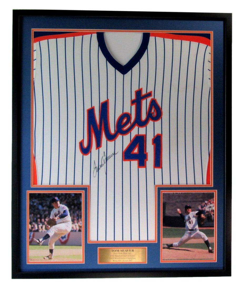 Framed New York Mets Jersey Signed by Tom Seaver with PSA DNA Authentication: Framed New York Mets Jersey Signed by Tom Seaver with PSA DNA Authentication This framed New York Mets baseball jersey features the autograph of Hall of Famer Tom Seaver. The jersey has been authentic