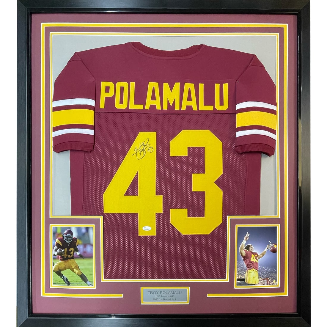 Framed Signed Troy Polamalu USC Jersey with BAS COA: Framed Signed Troy Polamalu USC Jersey with BAS COA This framed and autographed Troy Polamalu USC Trojans college jersey is a must-have for any fan. The item features the signature of the legendary sa