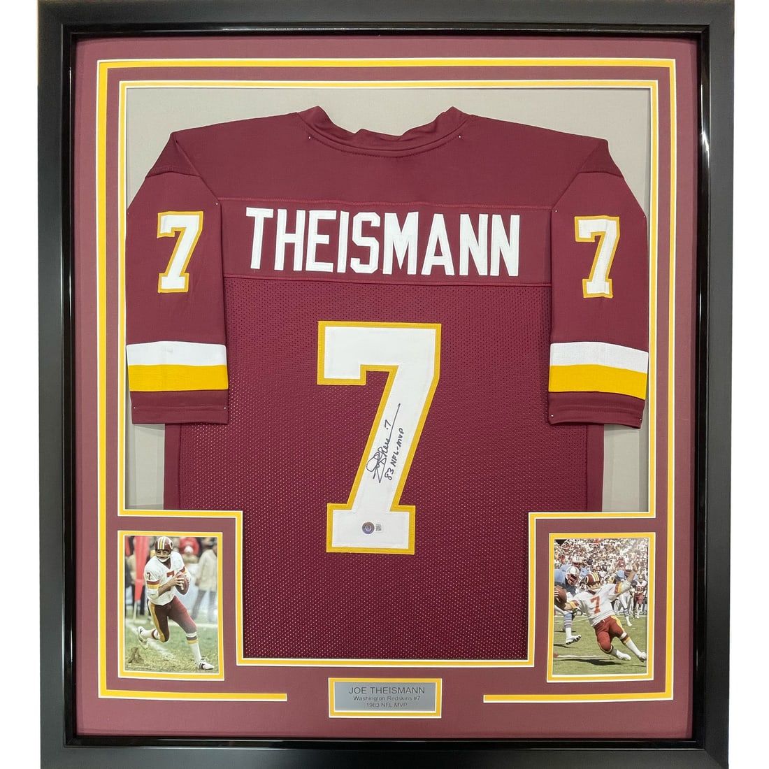 Framed Joe Theismann signed Washington jersey 33x42 Beckett COA: Framed Joe Theismann signed Washington jersey 33x42 Beckett COA This professionally framed and matted Washington Red jersey features the authentic signature of NFL MVP Joe Theismann. The display inclu