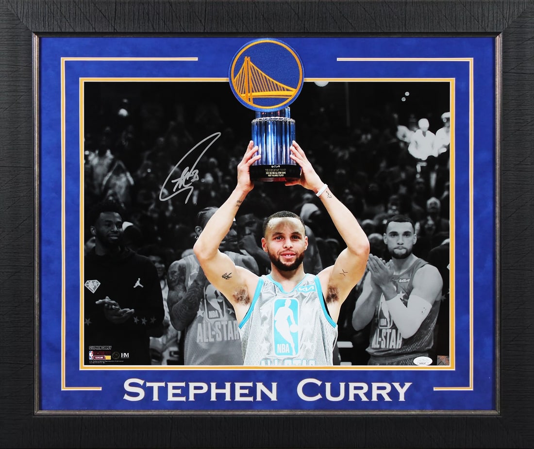 Stephen Curry signed 16x20 framed All Star Game photo JSA: Stephen Curry signed 16x20 framed All Star Game photo JSA This framed 16x20 horizontal spotlight photo from the 2022 All-Star Game features a personal autograph by Stephen Curry of the Golden State Wa