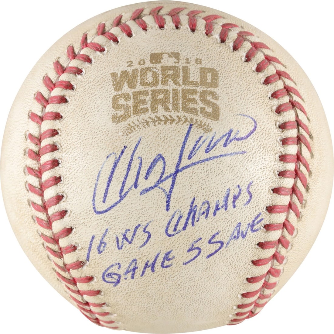 Signed Aroldis Chapman Game 5 World Series Cubs baseball: Signed Aroldis Chapman Game 5 World Series Cubs baseball This is an original game-used baseball from Game 5 of the 2016 World Series, signed and inscribed by Aroldis Chapman of the Chicago Cubs. Chapm