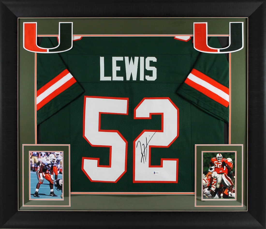 Ray Lewis Signed Green Miami Hurricanes Framed Jersey BAS Authenticated: Ray Lewis Signed Green Miami Hurricanes Framed Jersey BAS Authenticated Celebrate the legacy of Ray Lewis with this authentic signed green pro style framed jersey from the Miami Hurricanes. Personally