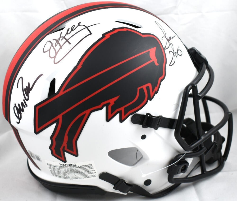 Buffalo Bills Lunar Speed Full Size Helmet Signed by Kelly Reed Thomas Beckett: Buffalo Bills Lunar Speed Full Size Helmet Signed by Kelly Reed Thomas Beckett This Buffalo Bills helmet is signed by Andre Reed, Jim Kelly, and Thurman Thomas. It is listed as an original item and is