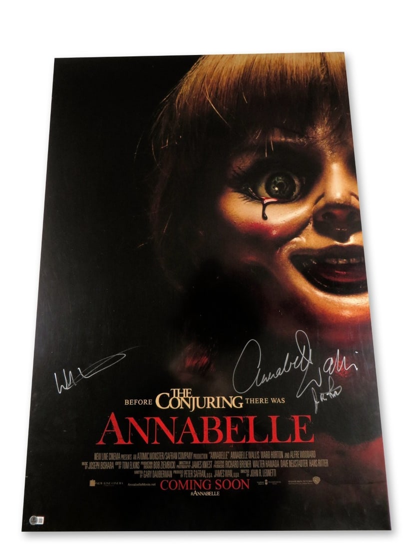 Annabelle Multi Signed 27x40 Poster Beckett Authenticated: Annabelle Multi Signed 27x40 Poster Beckett Authenticated This stunning multi-signed poster features the autographs of Annabelle Wallis, Ward Horton, and John R. Leonetti. Measuring 27X40, this origin