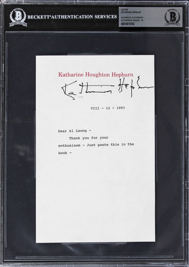 Katharine Hepburn Little Women Signed Letter 5.5x8.5 Gem Mint 10 Beckett Authenticated: Katharine Hepburn Little Women Signed Letter 5.5x8.5 Gem Mint 10 Beckett Authenticated This is a 5.5x8.5 letter personally signed by Katharine Hepburn, renowned for her role in 'Little Women'. Graded 