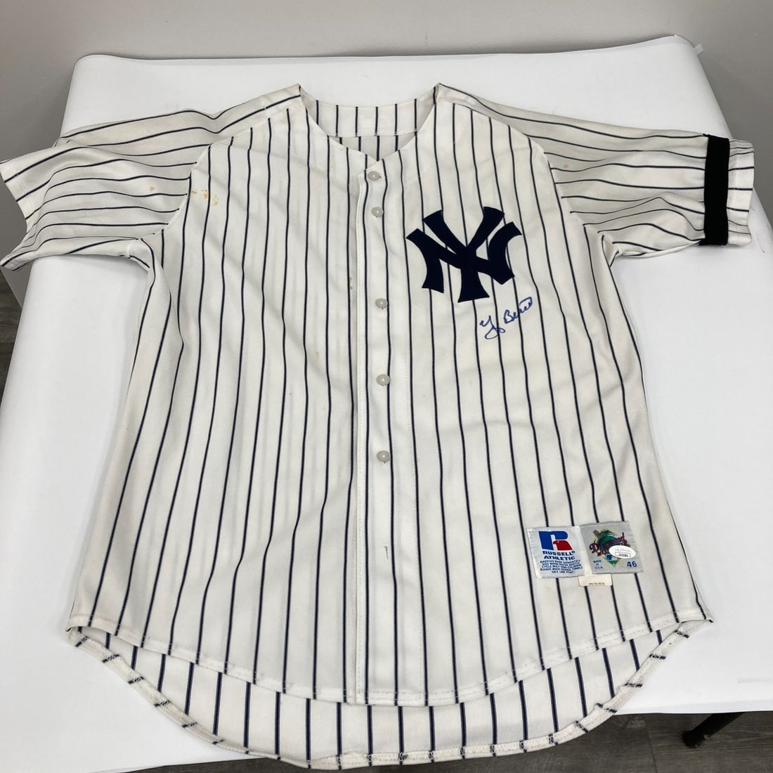Yogi Berra Signed Game Used Yankees Jersey with JSA COA: Yogi Berra Signed Game Used Yankees Jersey with JSA COA This is a game-used jersey from Yogi Berra, a legendary player for the New York Yankees, specifically from the Old Timers Day event. The jersey 