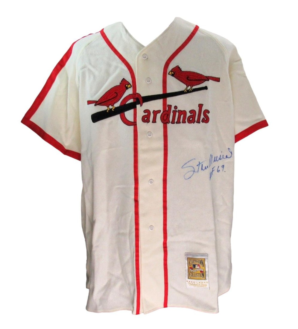 Mitchell & Ness Cardinals Jersey Signed by Stan Musial HOF Inscribed PSA Authenticated: Mitchell & Ness Cardinals Jersey Signed by Stan Musial HOF Inscribed PSA Authenticated This is a pre-owned Mitchell & Ness baseball jersey featuring the St. Louis Cardinals, signed and inscribed "HOF 