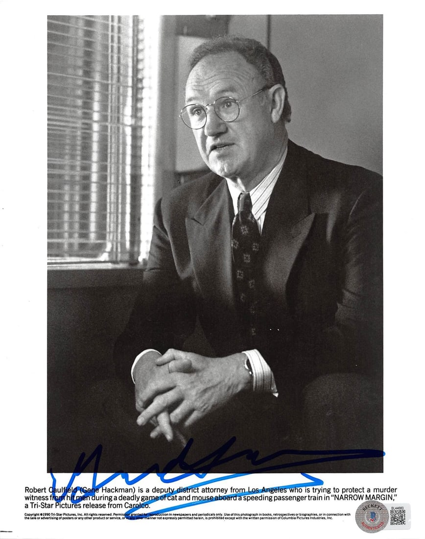 Gene Hackman Signed 8x10 Photograph From Narrow Margin Beckett Authenticated: Gene Hackman Signed 8x10 Photograph From Narrow Margin Beckett Authenticated This 8x10 photograph features an authentic autograph from Gene Hackman, known for his role in "Narrow Margin." The photo ha
