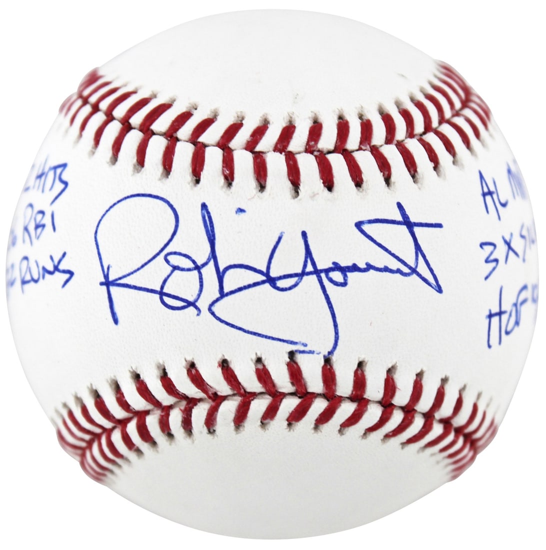 Robin Yount Signed OML Baseball with Career Stats Beckett Authenticated: Robin Yount Signed OML Baseball with Career Stats Beckett Authenticated This authentic Oml baseball is personally signed by Robin Yount, a legendary player of the Milwaukee Brewers. The ball features 