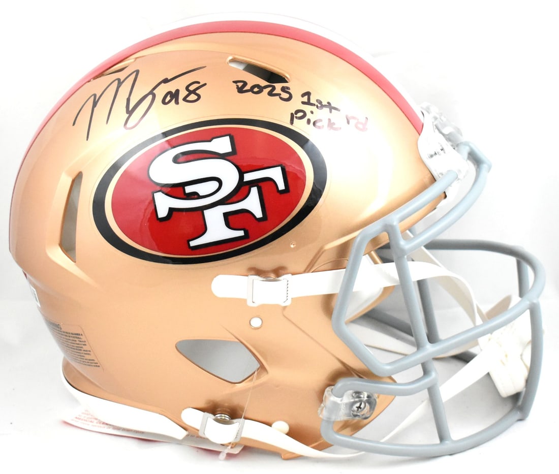 San Francisco 49ers Full Size Speed Helmet Signed by Mykel Williams Beckett Holo: San Francisco 49ers Full Size Speed Helmet Signed by Mykel Williams Beckett Holo This is an autographed San Francisco 49ers full-size Speed Authentic helmet signed by Mykel Williams. The helmet includ