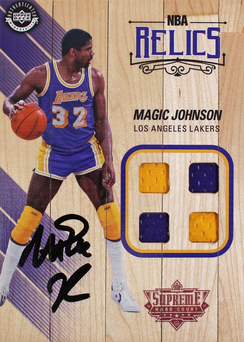 Magic Johnson Autographed 5x7 Upper Deck Supreme Hard Court Card BAS MJ19890: Magic Johnson Autographed 5x7 Upper Deck Supreme Hard Court Card BAS MJ19890 Autographed 5x7 Upper Deck Supreme Hard Court Relics card personally signed by Magic Johnson of the Los Angeles Lakers. The