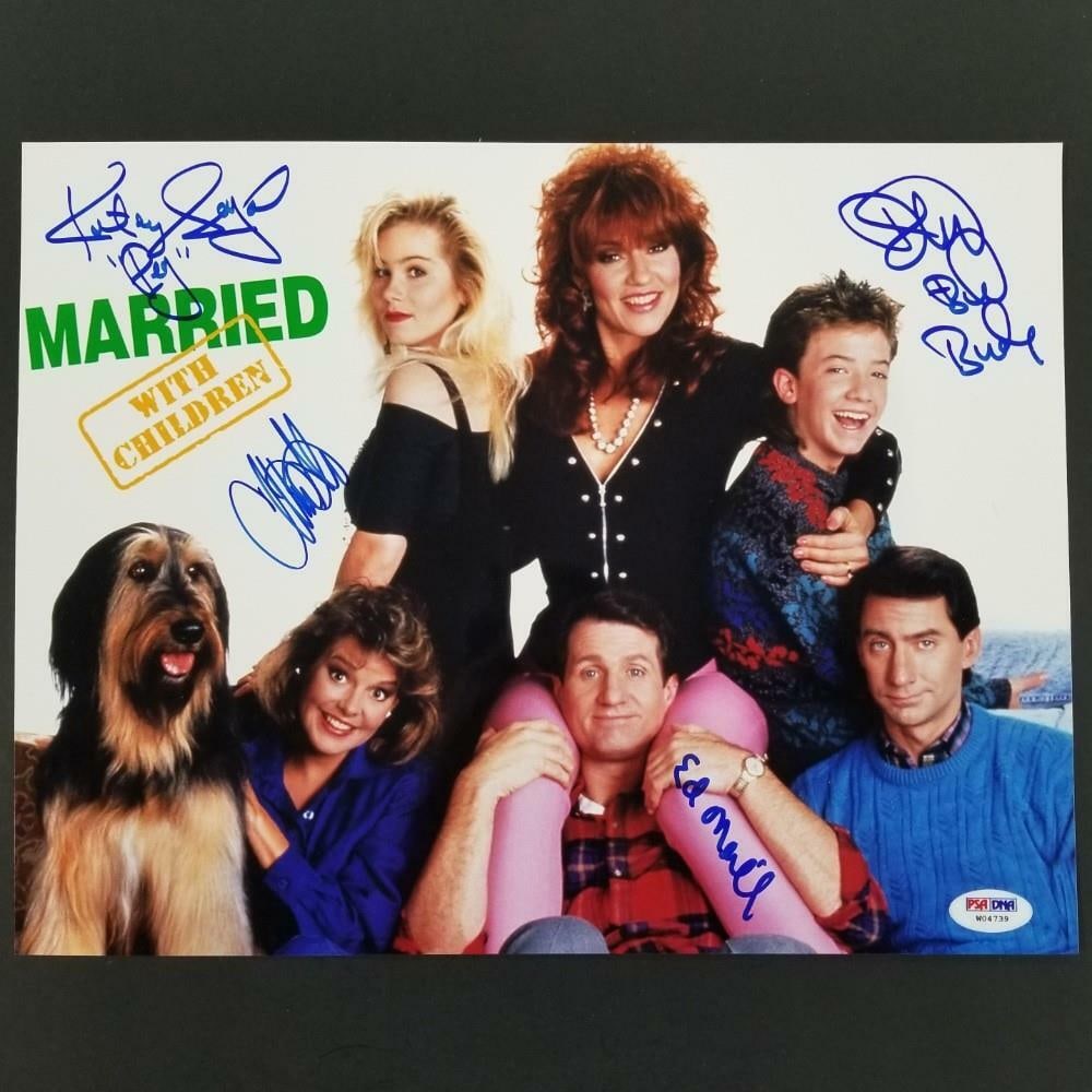 PSA signed Married With Children cast 10x13 photo: PSA signed Married With Children cast 10x13 photo This is an original 10x13 inch photo signed by the cast of Married With Children, including Ed O'Neill, Katey Sagal, and Christina Applegate. The auto