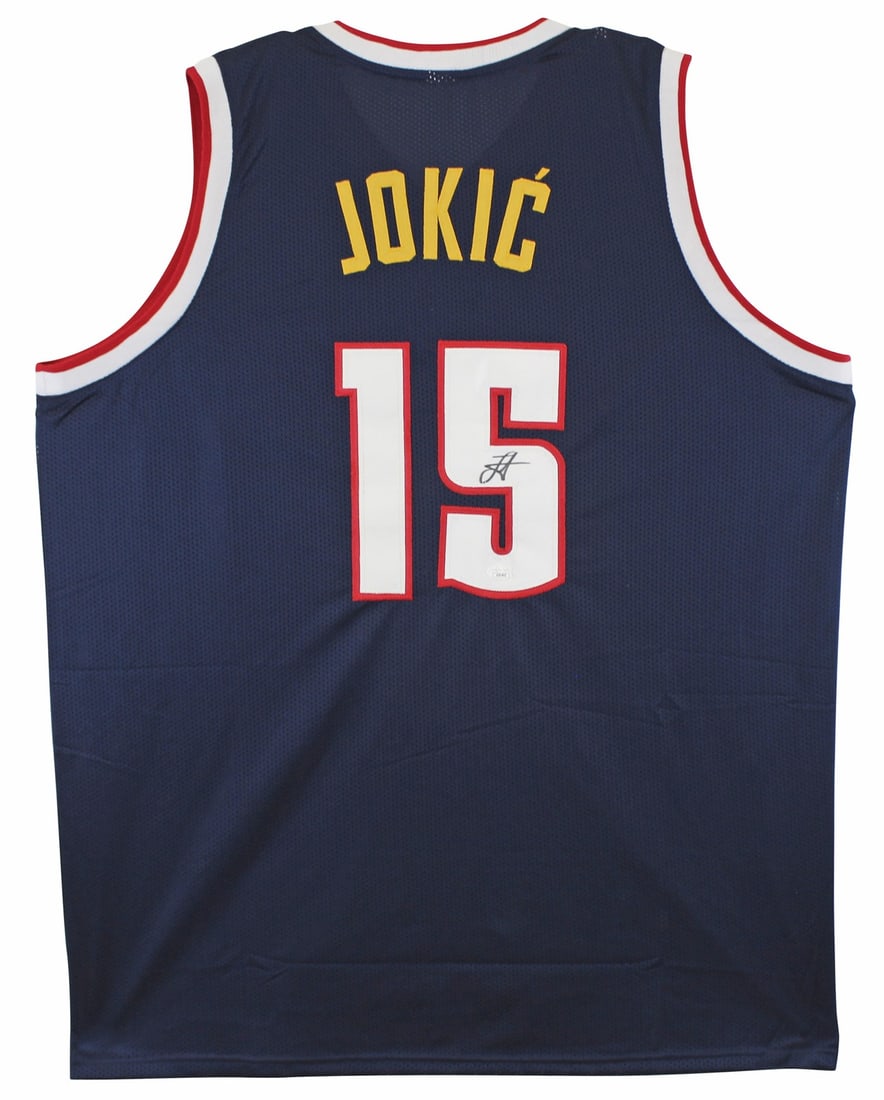 Nikola Jokic Signed Denver Nuggets Navy Blue Jersey JSA Certified: Nikola Jokic Signed Denver Nuggets Navy Blue Jersey JSA Certified Celebrate your admiration for Nikola Jokic with this authentic autographed navy blue pro style jersey. Personally signed by the supers