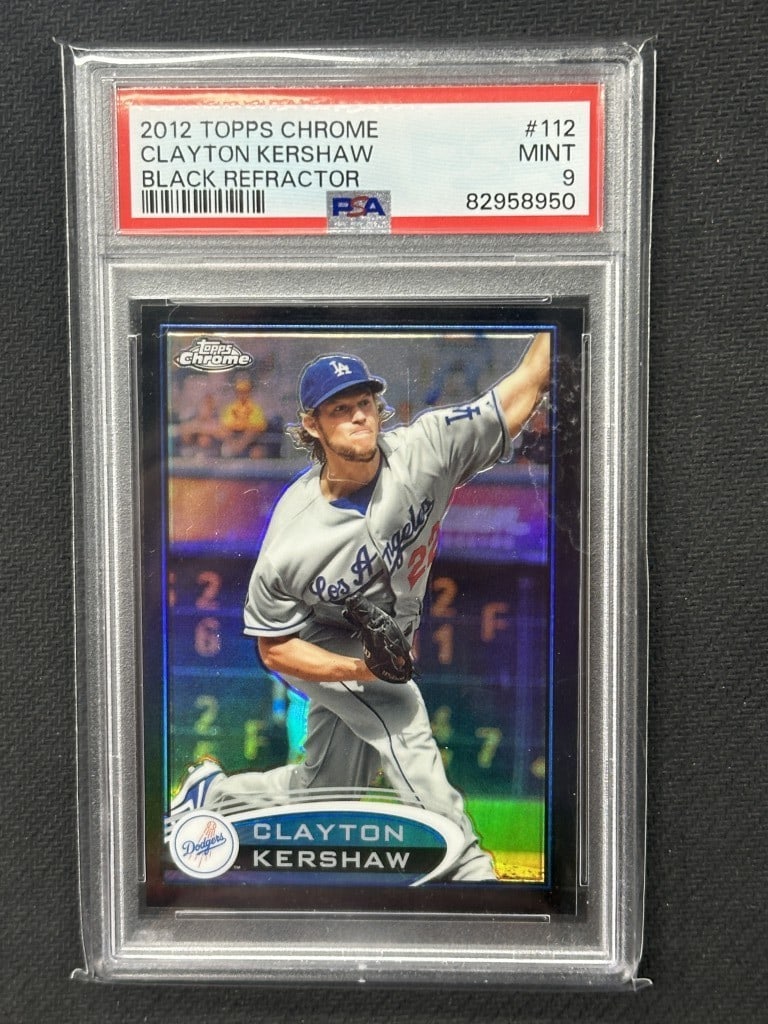 Clayton Kershaw 2012 Topps Chrome Black Refractor PSA 9 #112: Clayton Kershaw 2012 Topps Chrome Black Refractor PSA 9 #112 This is a 2012 Topps Chrome Black Refractor baseball card featuring Clayton Kershaw of the Los Angeles Dodgers. The card is serial numbered