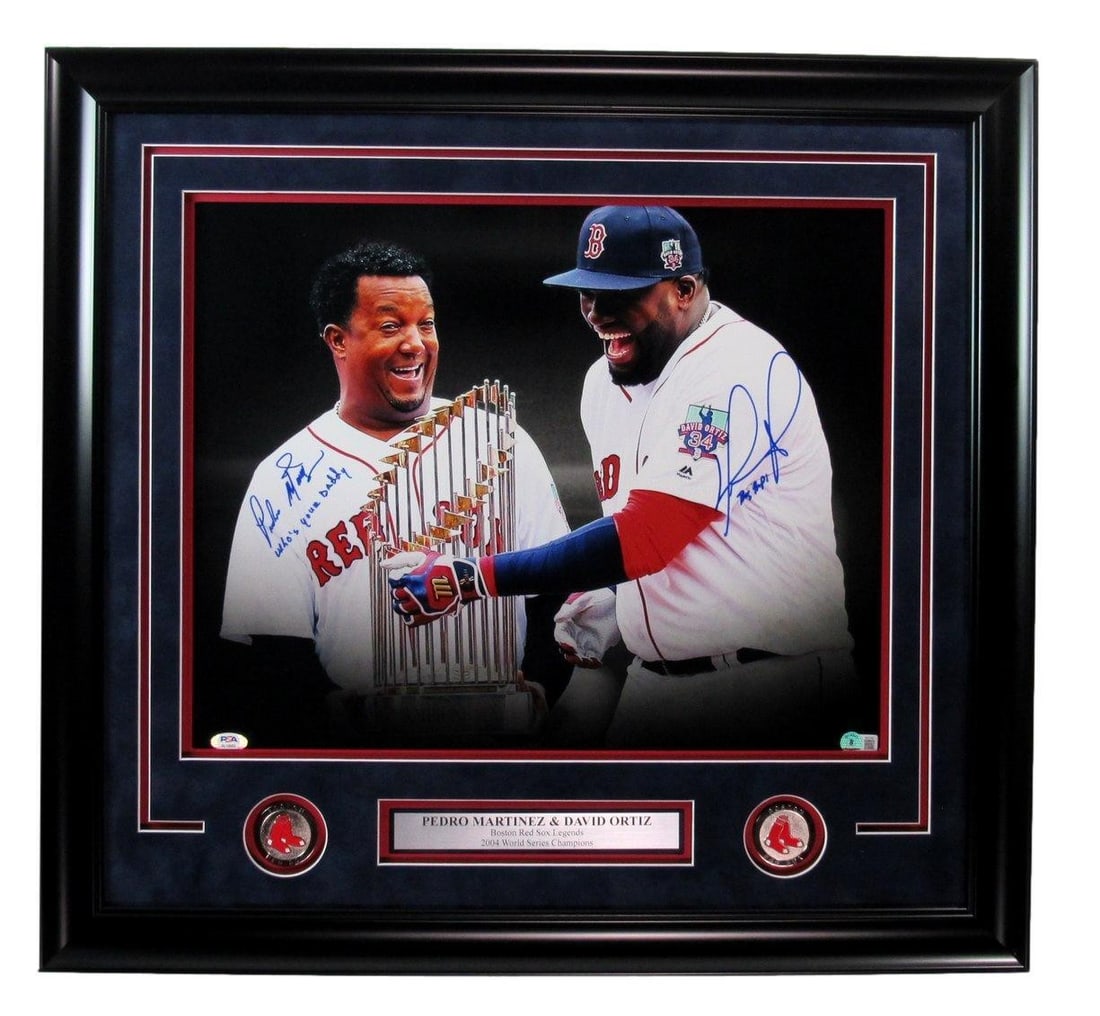 Framed 16x20 Photo Signed by Pedro Martinez and David Ortiz Beckett Authenticated: Framed 16x20 Photo Signed by Pedro Martinez and David Ortiz Beckett Authenticated This framed 16x20 photo features dual autographs and inscriptions from Pedro Martinez and David Ortiz of the Boston Re