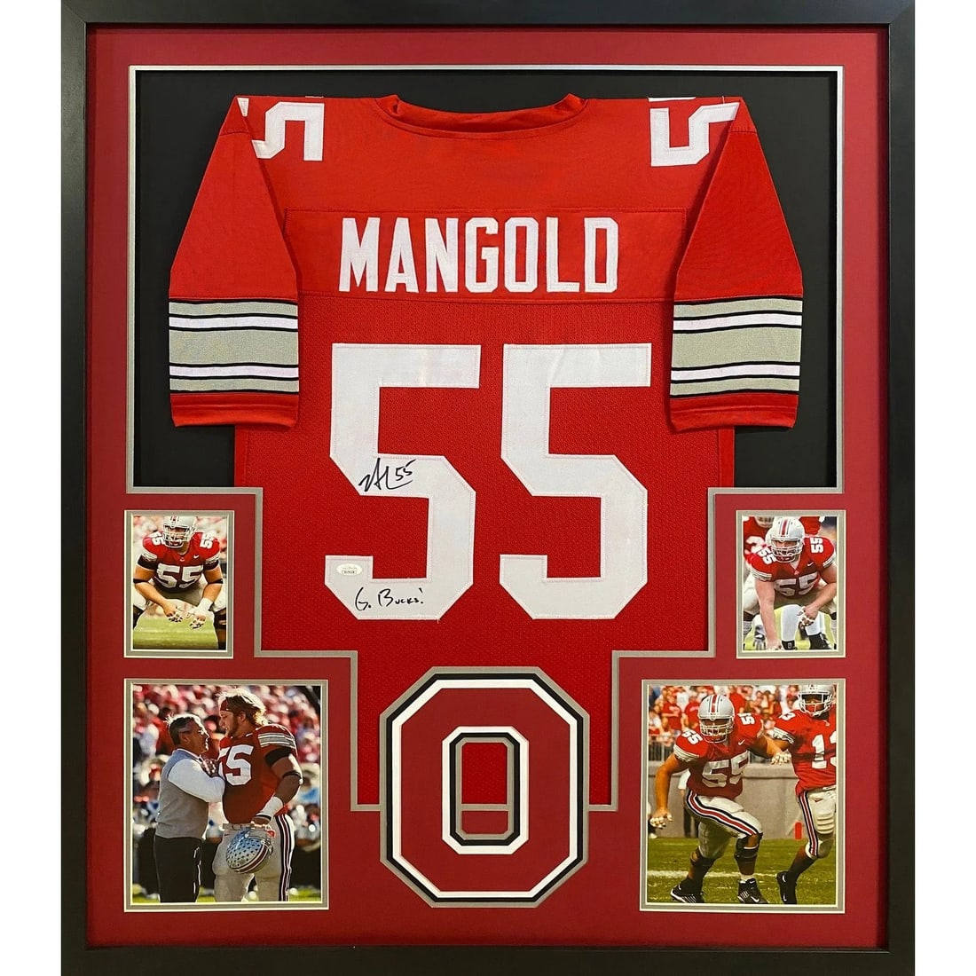 Framed Ohio State Jersey Hand Signed by Nick Mangold with JSA Authentication: Framed Ohio State Jersey Hand Signed by Nick Mangold with JSA Authentication This framed jersey is autographed by Nick Mangold and features Ohio State branding. The jersey includes JSA authentication 