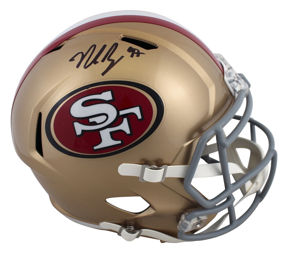 Nick Bosa signed Speed replica full size helmet Beckett witnessed: Nick Bosa signed Speed replica full size helmet Beckett witnessed Authentic signed full size Speed replica helmet from the San Francisco 49ers, personally signed by Nick Bosa. This original football c
