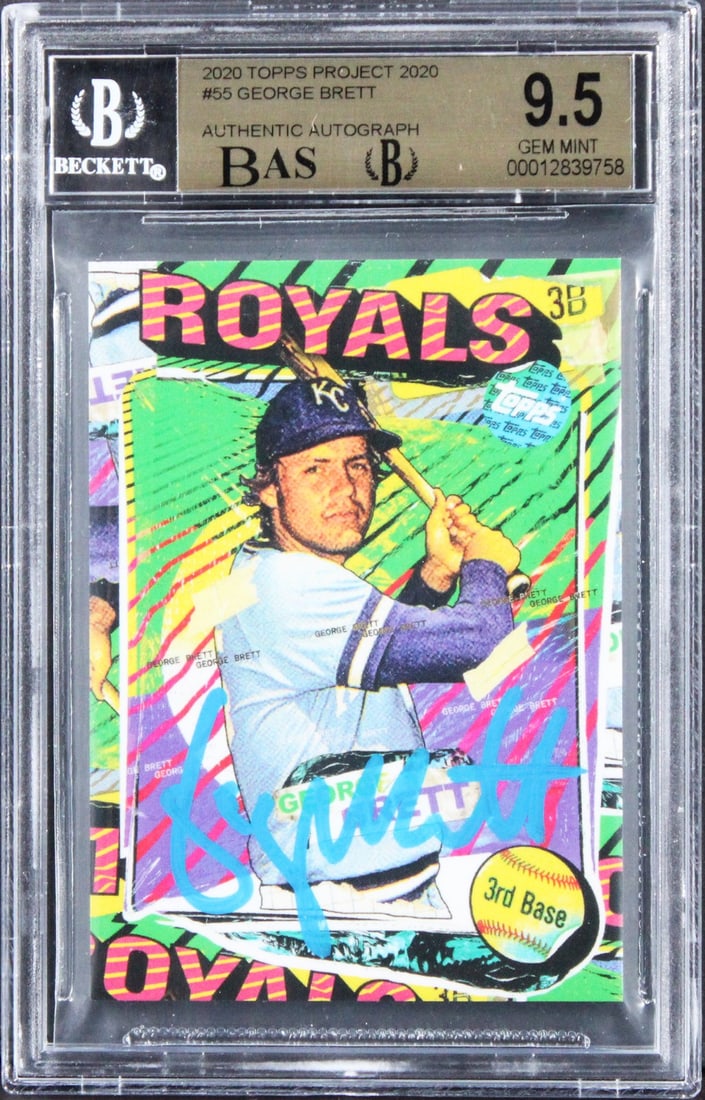 George Brett autographed 2020 Topps Project 2020 #55 BAS slab 9.5 Auto 9: George Brett autographed 2020 Topps Project 2020 #55 BAS slab 9.5 Auto 9 Autographed 2020 Topps Project 2020 #55 card featuring George Brett of the Kansas City Royals. The card is graded Gem Mint 9.5,