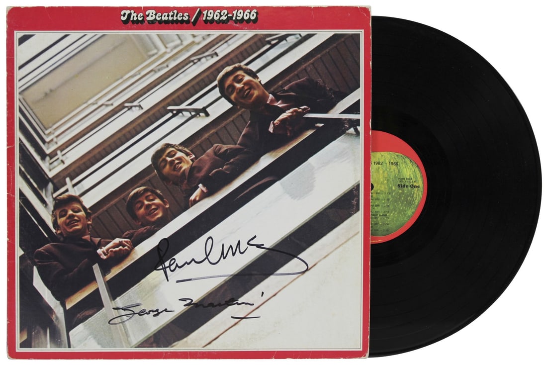 Beckett COA Beatles 1962 1966 album cover signed by McCartney and Martin with vinyl (1 of 8)