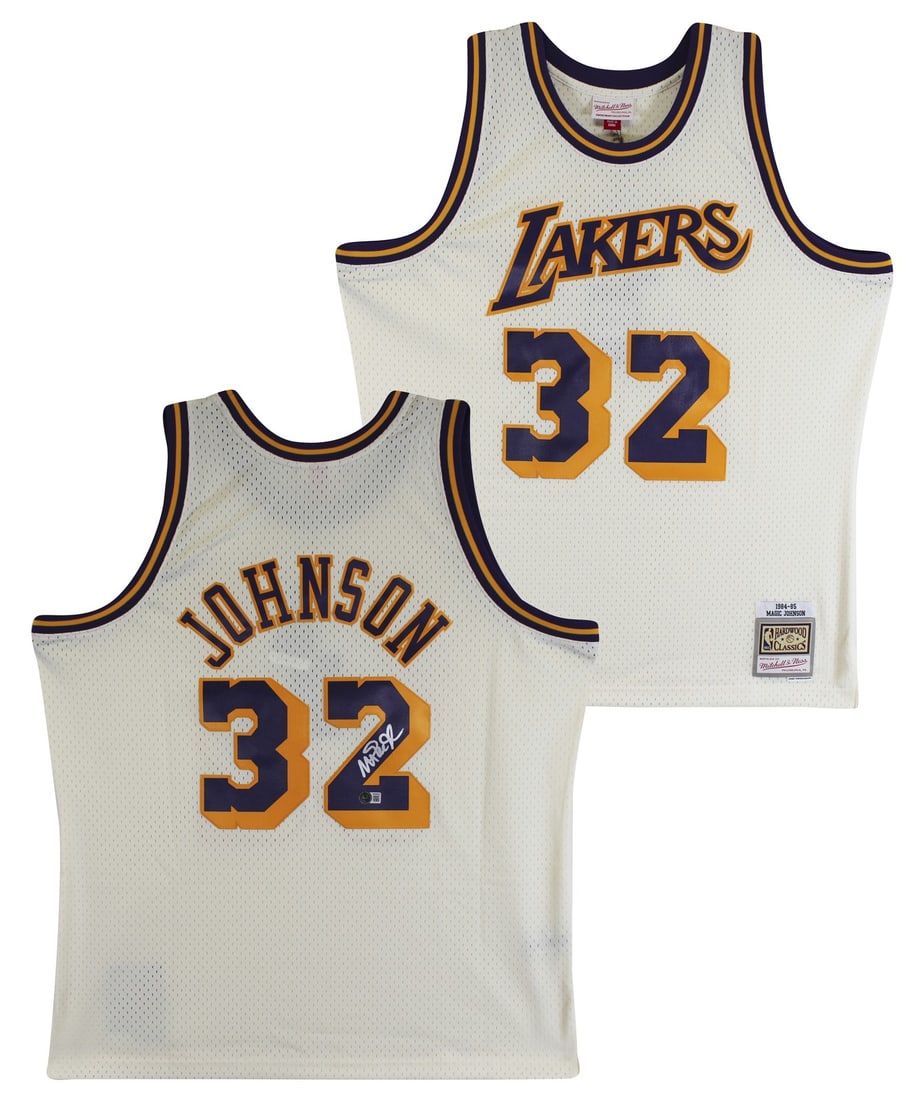 Magic Johnson Signed 1984-85 Lakers Swingman Jersey BAS Authenticated: Magic Johnson Signed 1984-85 Lakers Swingman Jersey BAS Authenticated This autographed cream 1984-85 Mitchell & Ness Hardwood Classics Swingman Jersey features the signature of Magic Johnson, the lege