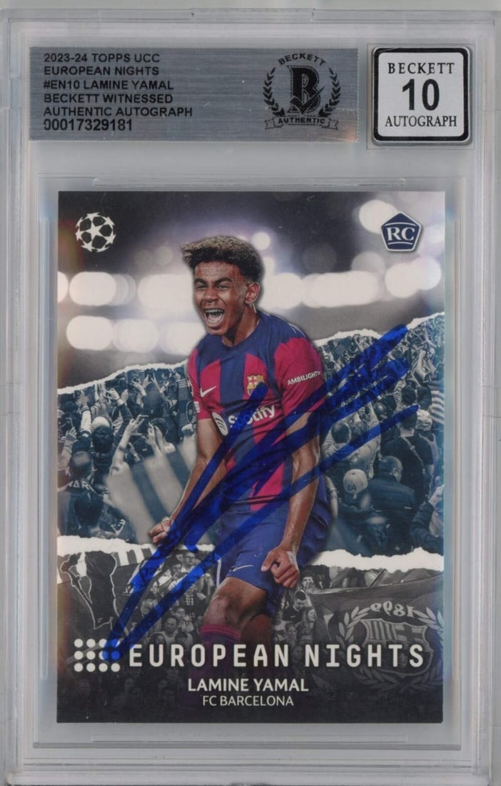 2023-24 Topps UCC Lamine Yamal Rookie Card Beckett BGS Auto 10: 2023-24 Topps UCC Lamine Yamal Rookie Card Beckett BGS Auto 10 This is a graded 2023-24 Topps UCC Lamine Yamal #EN10 Rookie RC card featuring the talented player from FC Barcelona. Authenticated and e