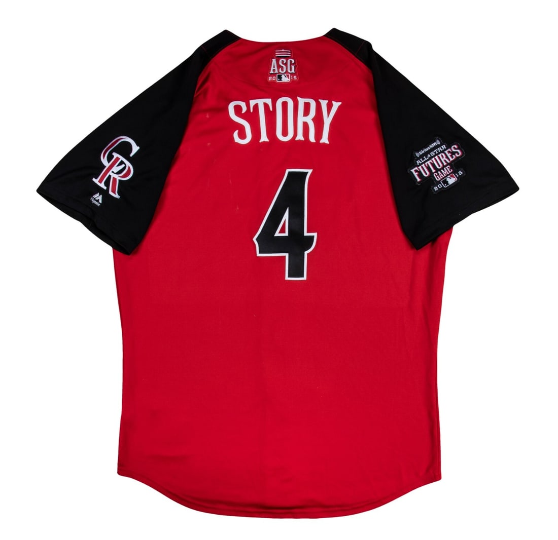 Trevor Story 2015 MLB Futures Game USA Jersey Authentic: Trevor Story 2015 MLB Futures Game USA Jersey Authentic This is a 2015 Team USA jersey worn by Trevor Story during the MLB All-Star Futures Game at Great American Ballpark in Cincinnati. The red butto