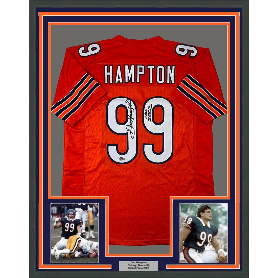 Dan Hampton signed Chicago Bears framed orange jersey Beckett COA 33x42: Dan Hampton signed Chicago Bears framed orange jersey Beckett COA 33x42 This framed Dan Hampton orange jersey features his autograph and commemorates his Hall of Fame induction in 2002. The jersey is 