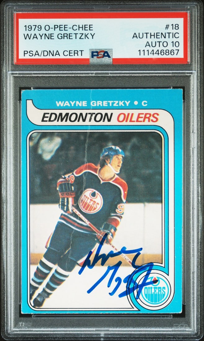 Wayne Gretzky Autographed 1979 O-Pee-Chee Rookie Card PSA 10 Edmonton Oilers: Wayne Gretzky Autographed 1979 O-Pee-Chee Rookie Card PSA 10 Edmonton Oilers This 1979 O-Pee-Chee #18 rookie card features a stunning autograph from Wayne Gretzky, the legendary player of the Edmonton