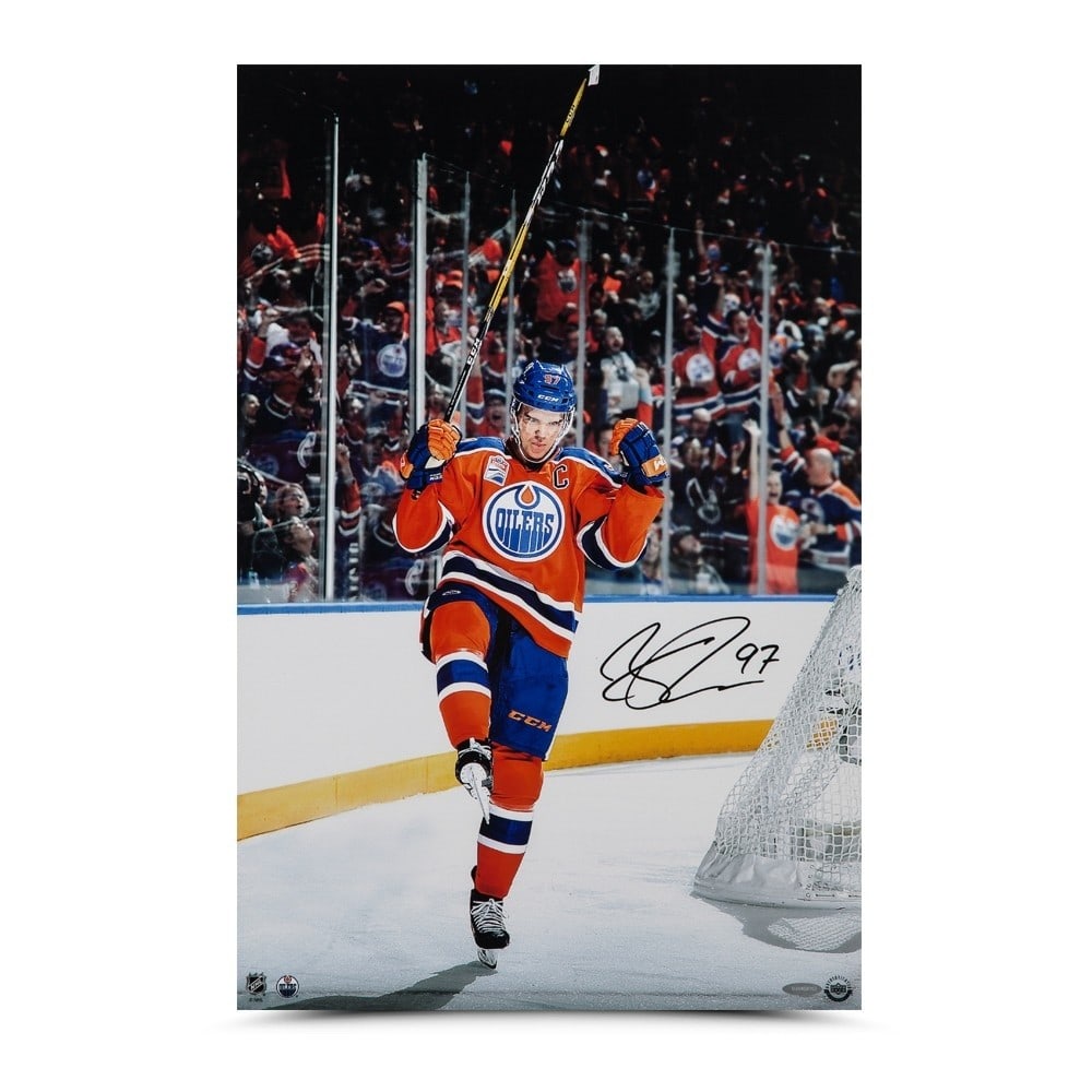 Connor McDavid 16X24 Signed Photo Edmonton Oilers Upper Deck Authenticated: Connor McDavid 16X24 Signed Photo Edmonton Oilers Upper Deck Authenticated Celebrate the remarkable talent of Connor McDavid with this autographed 16X24 photo capturing a home celebration moment with 