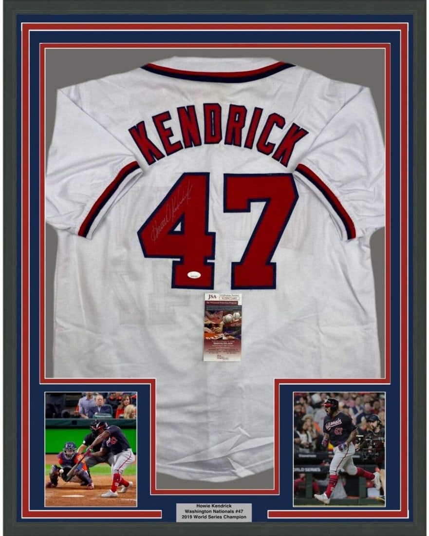 Framed Howie Kendrick Autographed Jersey Washington Nationals JSA COA 33x42: Framed Howie Kendrick Autographed Jersey Washington Nationals JSA COA 33x42 This professionally framed and matted jersey features a signed white Washington Nationals jersey by athlete Howie Kendrick, 