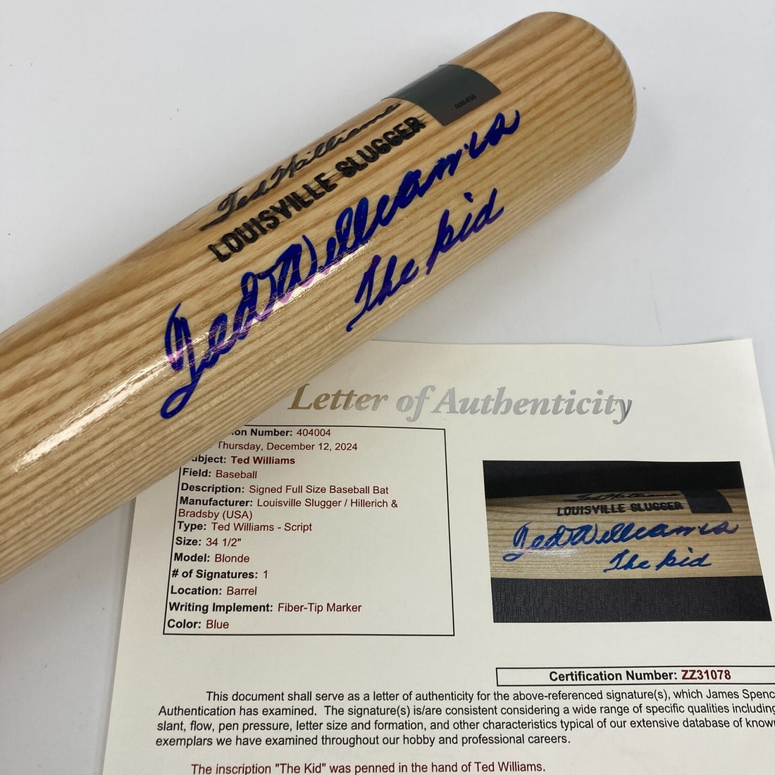 Ted Williams Signed Inscribed Louisville Slugger Bat JSA COA The Kid: Ted Williams Signed Inscribed Louisville Slugger Bat JSA COA The Kid This stunning full-size baseball bat is a must-have for any baseball enthusiast or collector. Authenticated by James Spence Authent