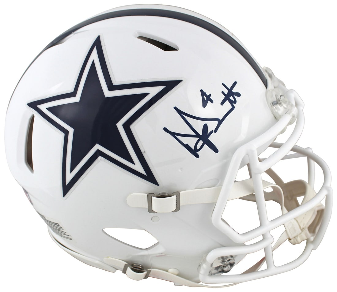 Dak Prescott autographed Cowboys Speed Proline helmet BAS witnessed: Dak Prescott autographed Cowboys Speed Proline helmet BAS witnessed This 2022 Alternate White Authentic Full Size Speed Proline Helmet is personally signed by Dak Prescott of the Dallas Cowboys. The h