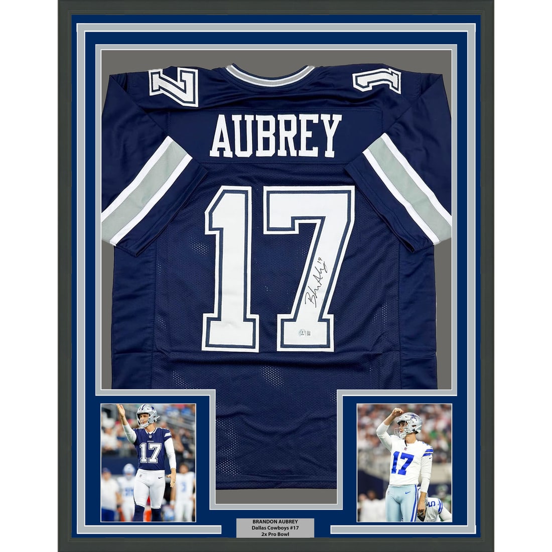 Brandon Aubrey Signed Dallas Cowboys Jersey Framed Display 35x39 Beckett COA: Brandon Aubrey Signed Dallas Cowboys Jersey Framed Display 35x39 Beckett COA This professionally framed and matted display features a Dallas Cowboys blue jersey autographed by Brandon Aubrey. The fram