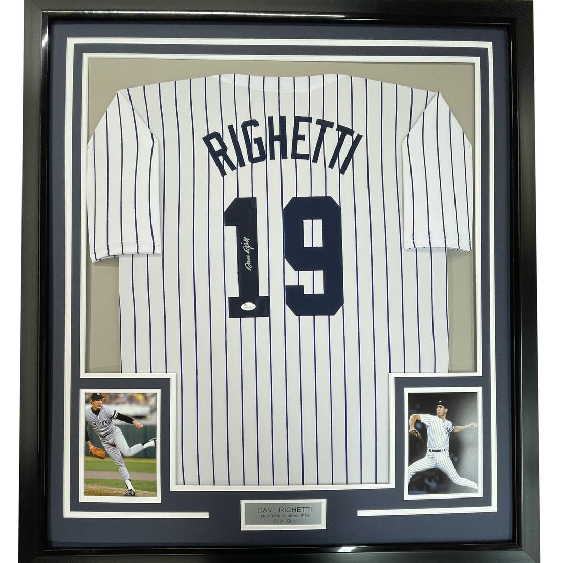 Framed Dave Righetti Autographed Yankees Jersey with JSA COA 33x42: Framed Dave Righetti Autographed Yankees Jersey with JSA COA 33x42 Celebrate baseball history with this framed and autographed Dave Righetti New York Yankees pinstripe jersey. This stunning piece meas