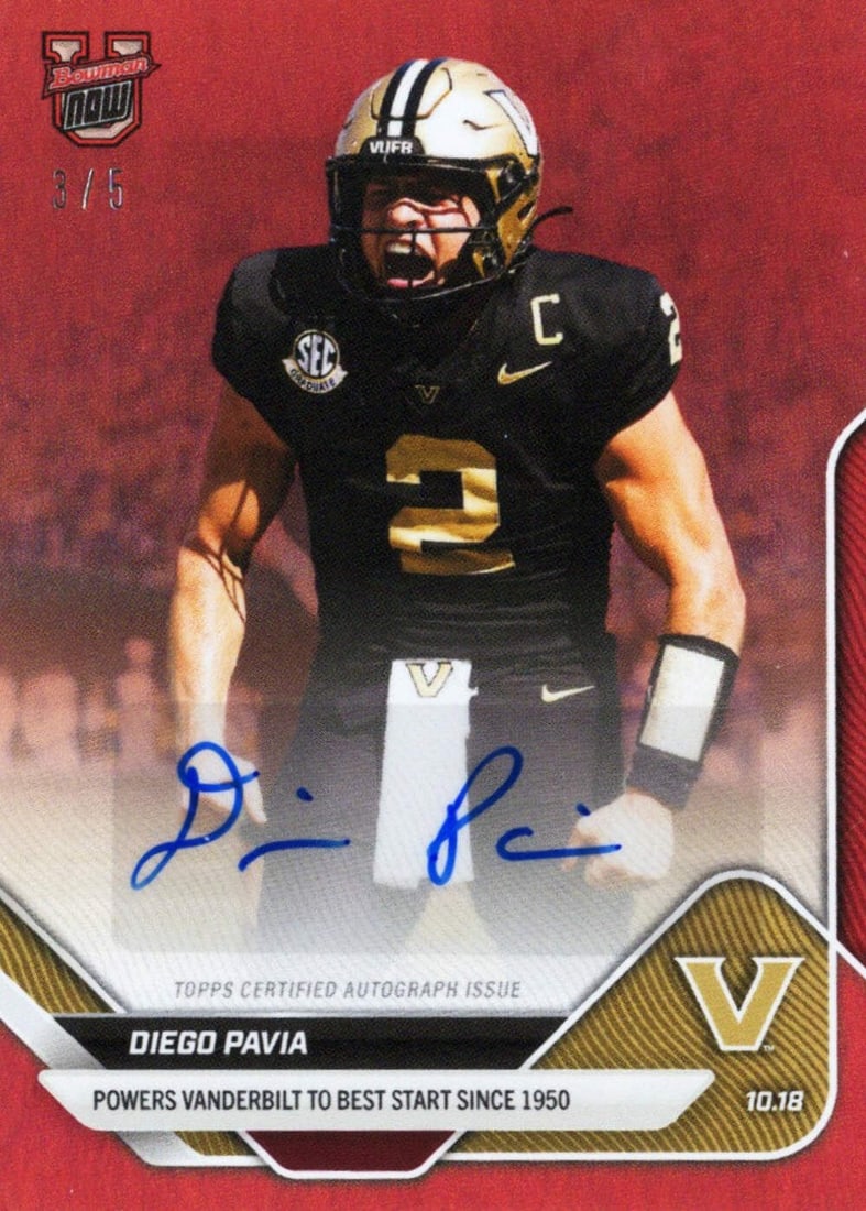 2025 Topps Bowman U Now Diego Pavia #31B Red Autograph Rookie Card /5: 2025 Topps Bowman U Now Diego Pavia #31B Red Autograph Rookie Card /5 This is a highly collectible 2025 Topps Bowman U Now Diego Pavia #31B Red Auto /5 Rookie RC Football Card, featuring the autograph