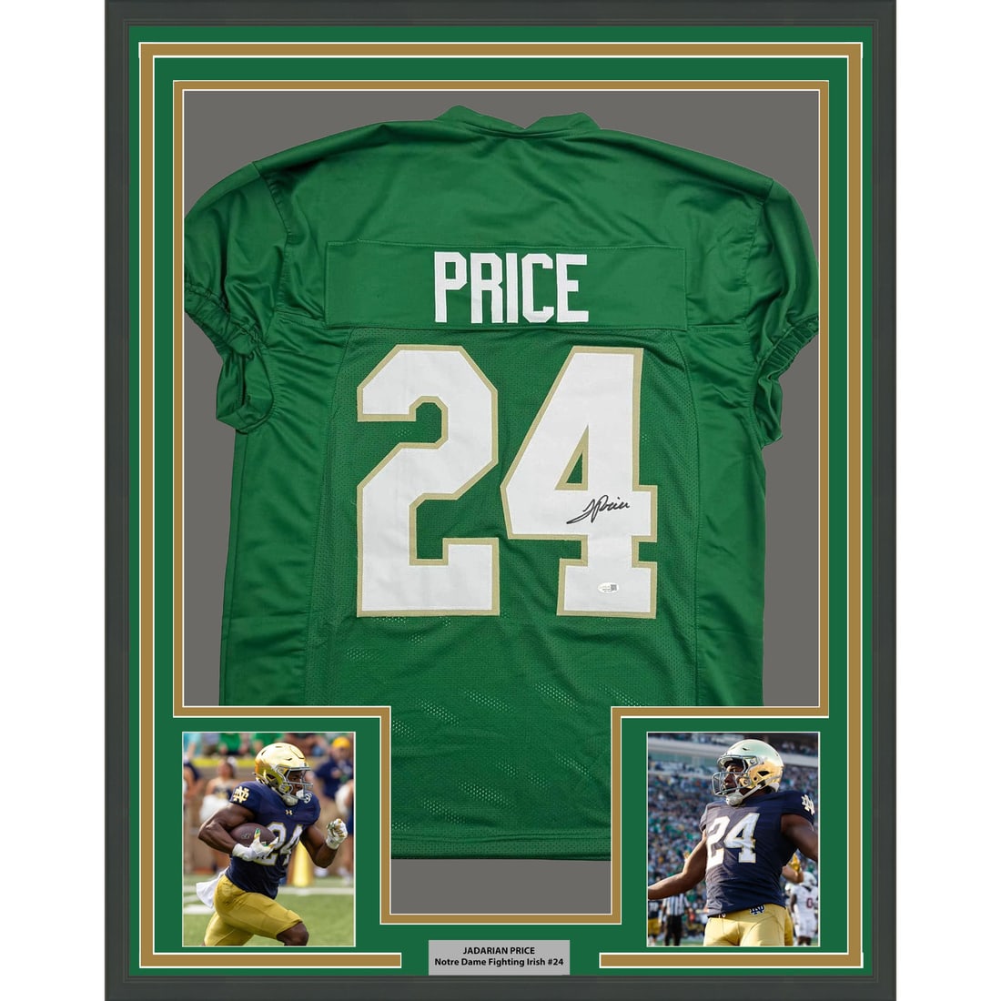 JaDarian Price Signed Notre Dame Green Jersey Framed 35x39 JSA Authenticated: JaDarian Price Signed Notre Dame Green Jersey Framed 35x39 JSA Authenticated This is a professionally framed and matted Notre Dame Fighting Irish green jersey autographed by JaDarian Price. The displa