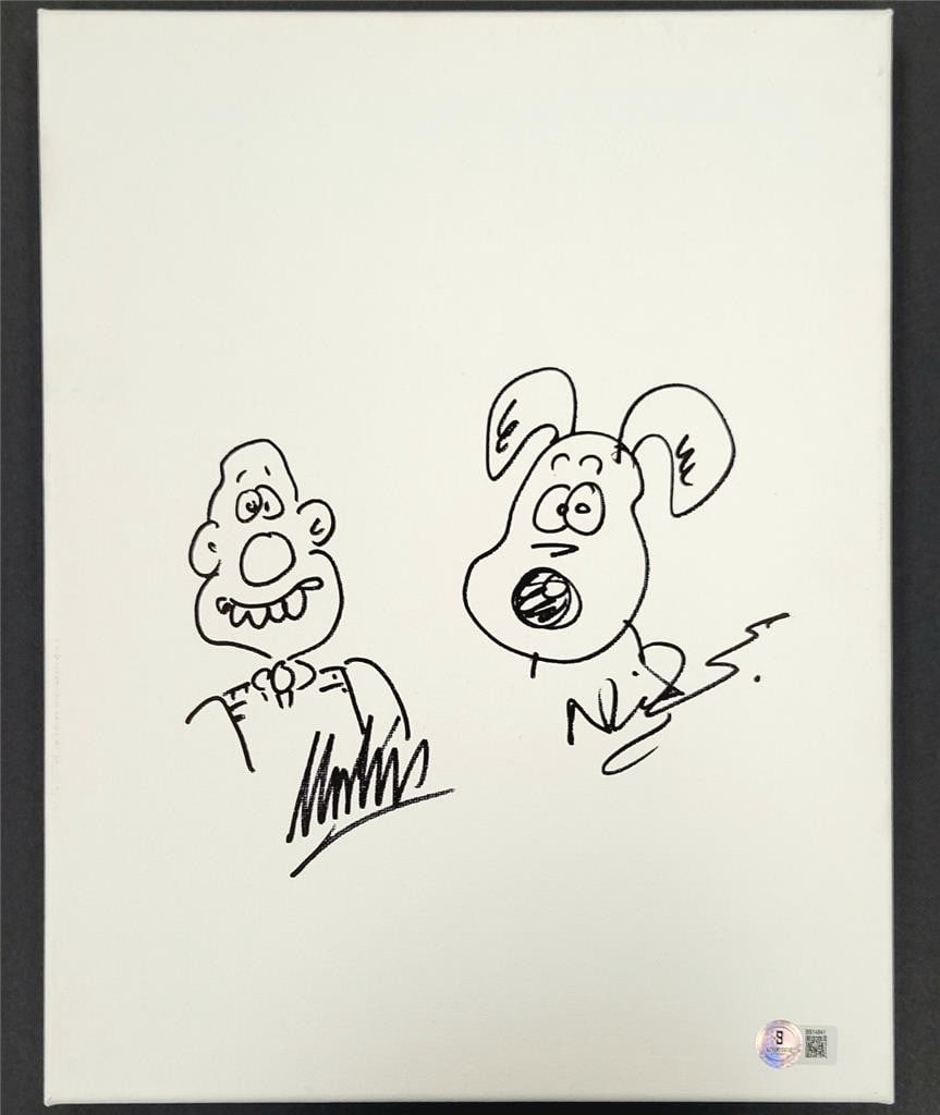 Nick Park Signed Wallace & Gromit 11x14 Canvas Artwork Beckett Authenticated: Nick Park Signed Wallace & Gromit 11x14 Canvas Artwork Beckett Authenticated This original canvas sketch features characters from the beloved show Wallace & Gromit, signed by the renowned creator Nick