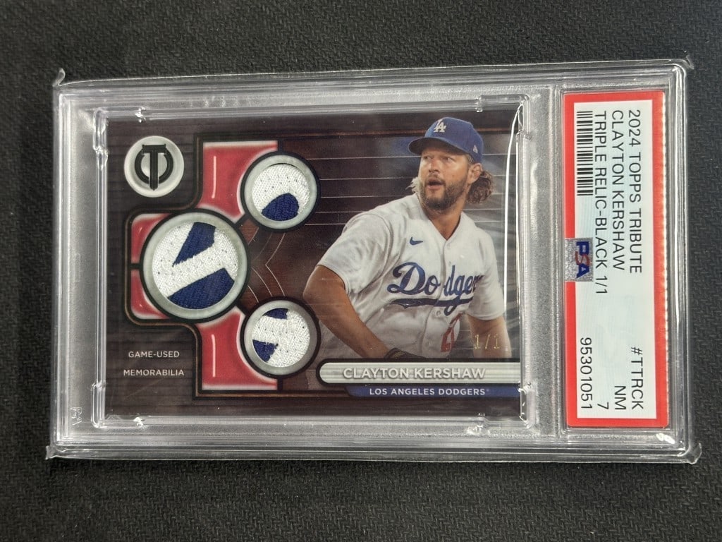 2024 Topps Tribute Clayton Kershaw Triple Relic Black PSA 7 Dodgers: 2024 Topps Tribute Clayton Kershaw Triple Relic Black PSA 7 Dodgers This is a 2024 Topps Tribute Triple Relic Black baseball card featuring Clayton Kershaw, a star pitcher for the Los Angeles Dodgers.