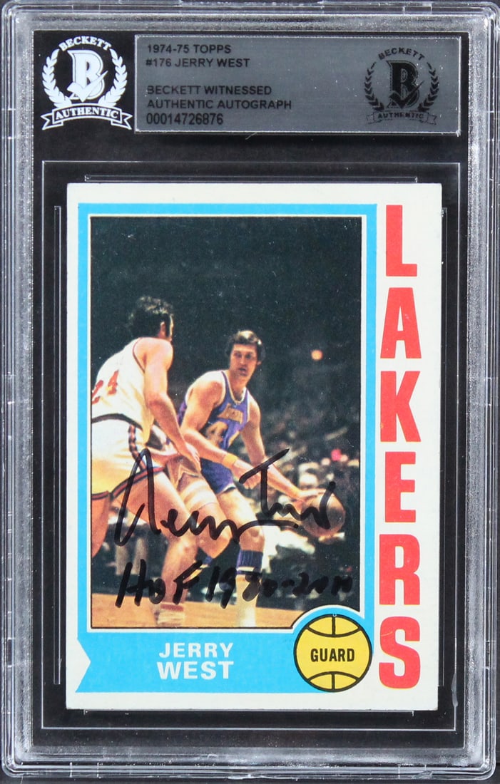 Jerry West Signed 1974 Topps #176 Card HOF 1980-2010 Beckett Authenticated: Jerry West Signed 1974 Topps #176 Card HOF 1980-2010 Beckett Authenticated This authentic autographed 1974 Topps #176 card features the legendary Jerry West of the Los Angeles Lakers, prominently insc
