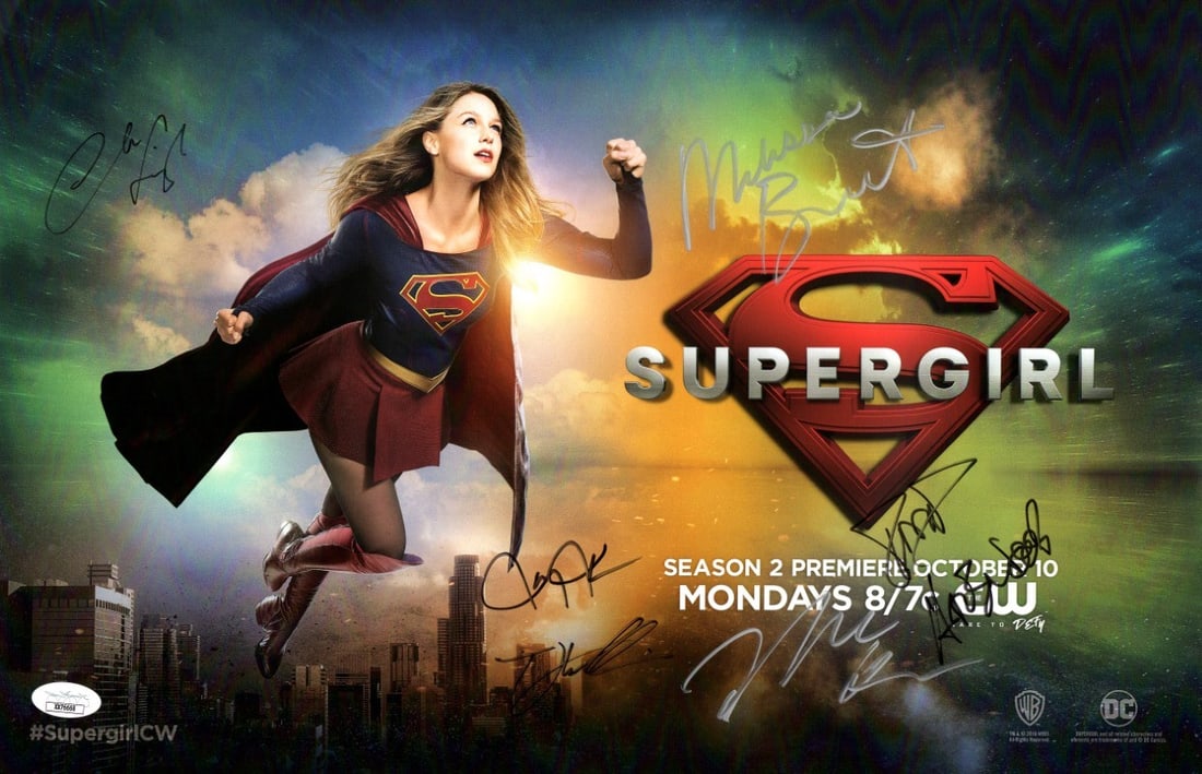 Supergirl Cast Autographed 11X17 Poster with 6 Signatures JSA Certified: Supergirl Cast Autographed 11X17 Poster with 6 Signatures JSA Certified This is an original 11x17 poster featuring the cast of Supergirl, autographed by Melissa Benoist, Chyler Leigh, Mehcad Brooks, J