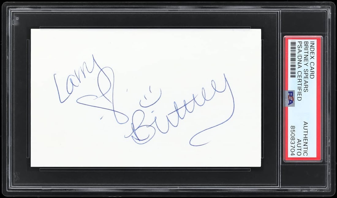 Brittany Spears Signed 3x5 Index Card PSA/DNA Authenticated: Brittany Spears Signed 3x5 Index Card PSA/DNA Authenticated This authentic 3x5 index card features the signature of pop icon Brittany Spears. It has been personally signed by the artist and is slabbed