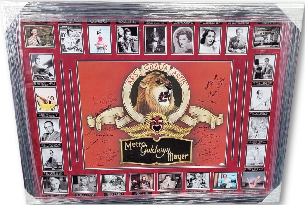 Framed MGM Stars Collage Photograph Signed by 25 JSA Authenticated: Framed MGM Stars Collage Photograph Signed by 25 JSA Authenticated This custom-framed collage features a photograph titled "The Stars of Metro-Goldwynn-Mayer" and includes 25 authentic autographs from