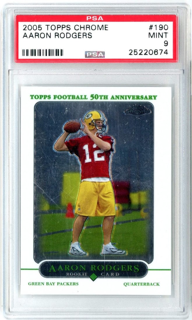 2005 Topps Chrome Aaron Rodgers Rookie Card PSA 9 Mint NFL: 2005 Topps Chrome Aaron Rodgers Rookie Card PSA 9 Mint NFL This is a graded 2005 Topps Chrome Aaron Rodgers #190 Rookie football card, featuring the legendary quarterback of the Green Bay Packers. The