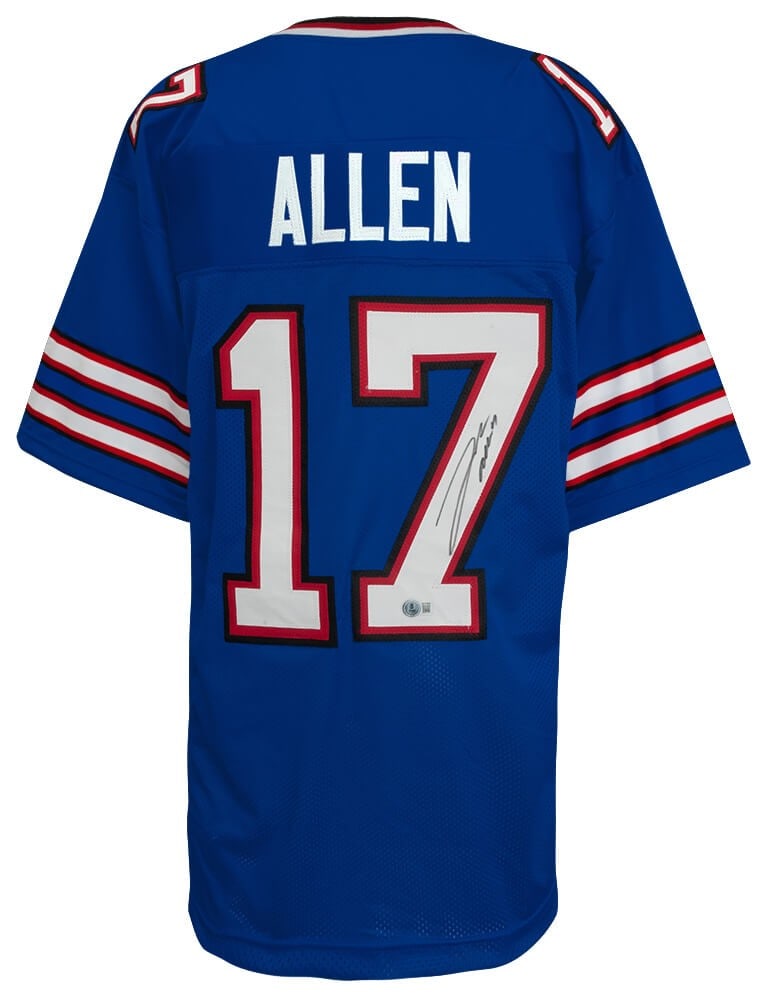 Beckett COA Josh Allen Buffalo Bills Blue Custom Jersey XL: Beckett COA Josh Allen Buffalo Bills Blue Custom Jersey XL This is a blue custom football jersey signed by Josh Allen of the Buffalo Bills. The jersey is size XL and features a Beckett Authentication 