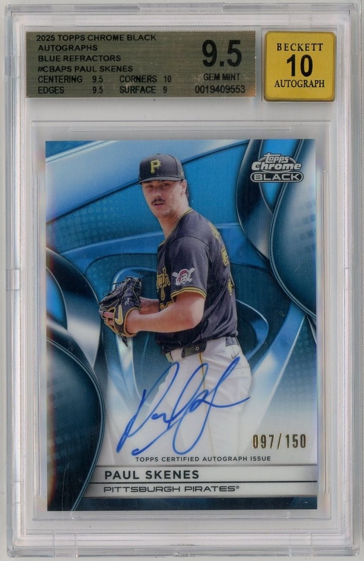 Paul Skenes 2025 Topps Chrome Black Blue Refractor Auto BGS 9.5: Paul Skenes 2025 Topps Chrome Black Blue Refractor Auto BGS 9.5 This is a 2025 Topps Chrome Black Blue Refractor sports trading card featuring Paul Skenes of the Pittsburgh Pirates. The card includes 
